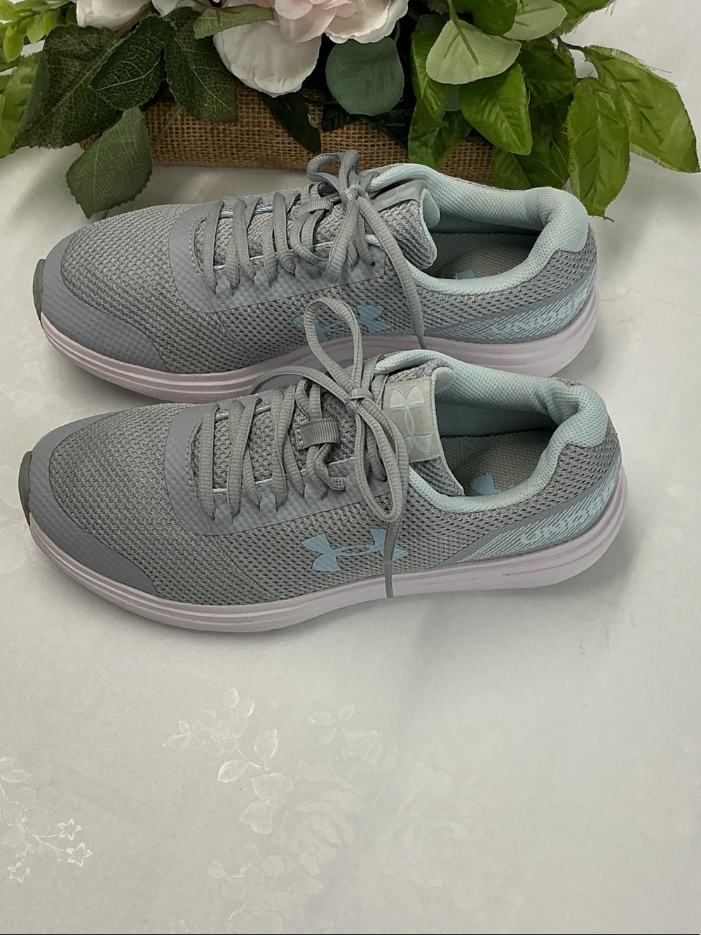 Under Armour Women's Light Gray and Pale Blue Mesh Athletic Sneakers - Picture 2 of 5